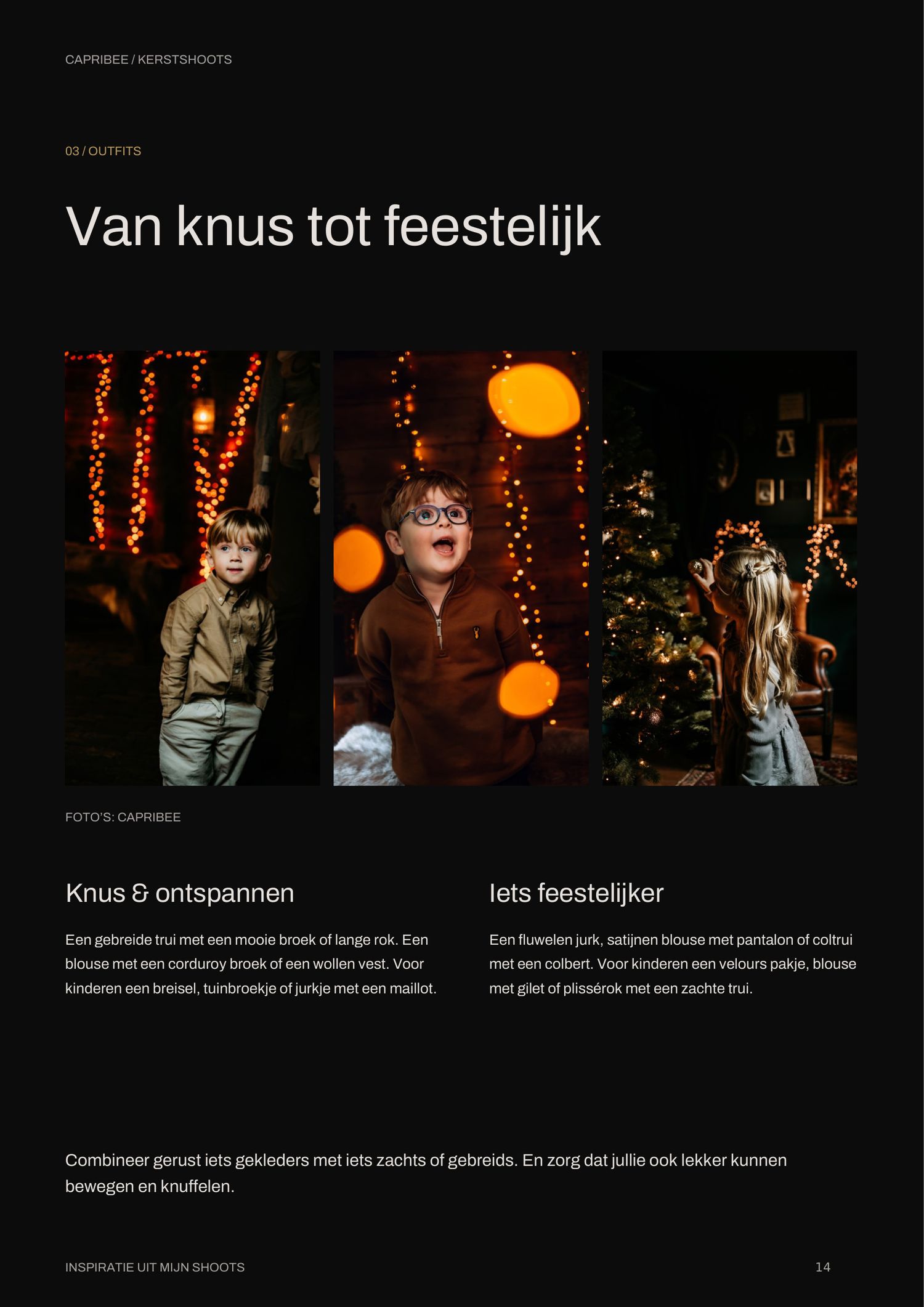 Drie kinderen in feestelijke kleding bij warme kerstlichtjes en een kerstboom, perfect voor een gezellige kerstfotoshoot.