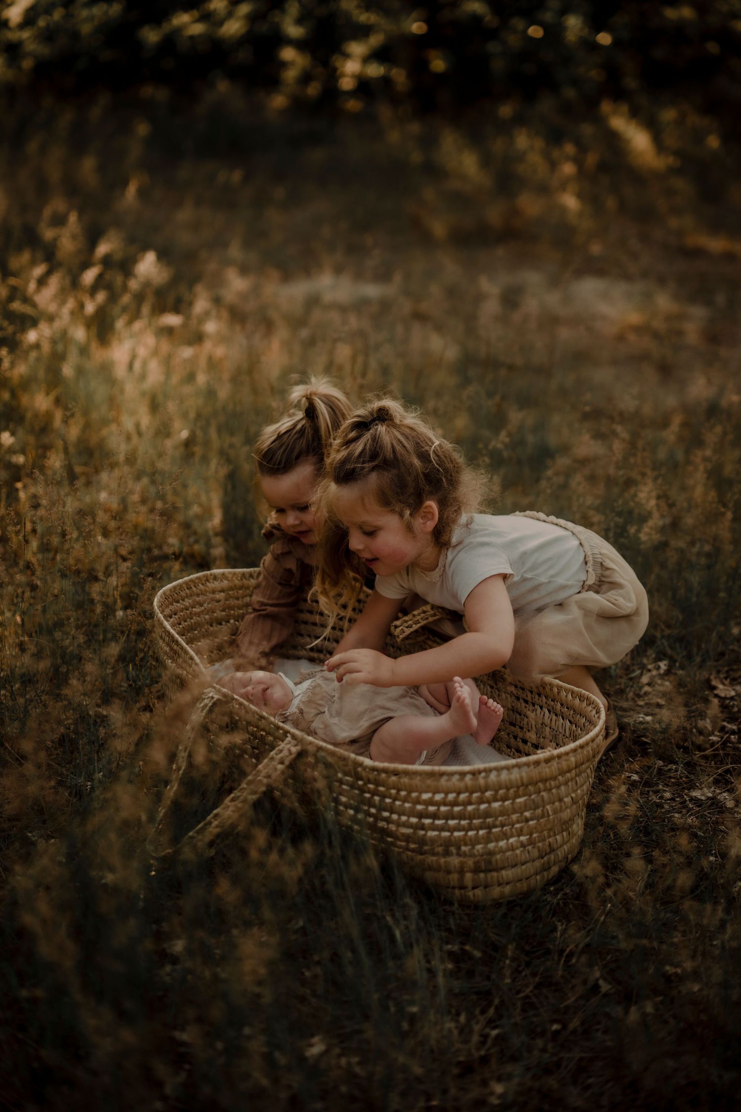 Two children peer into a woven basket outdoors in golden evening light.