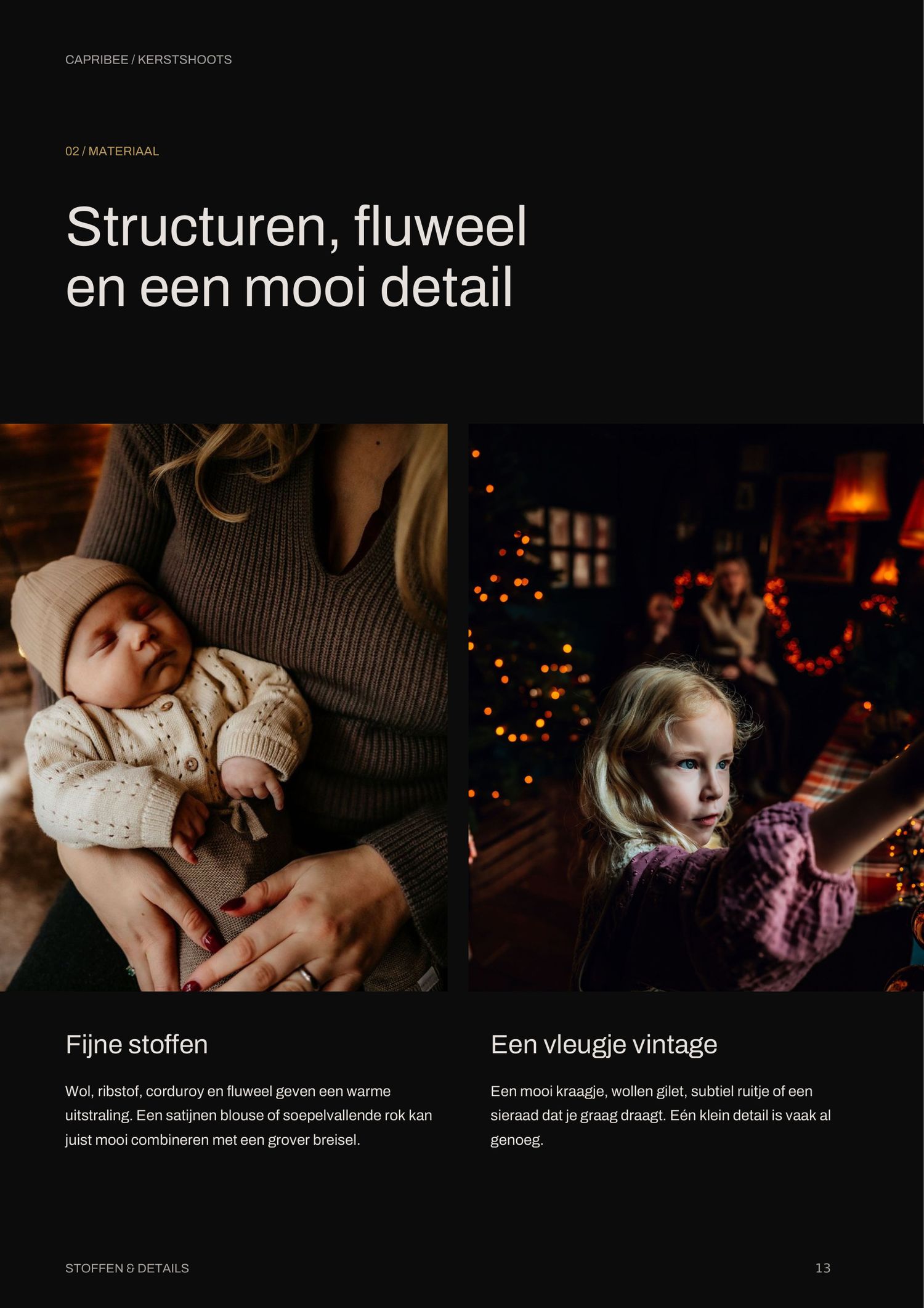 Cozy Christmas photoshoot page with a mother holding a sleeping newborn in a knit sweater and a girl gazing at glowing festive lights.