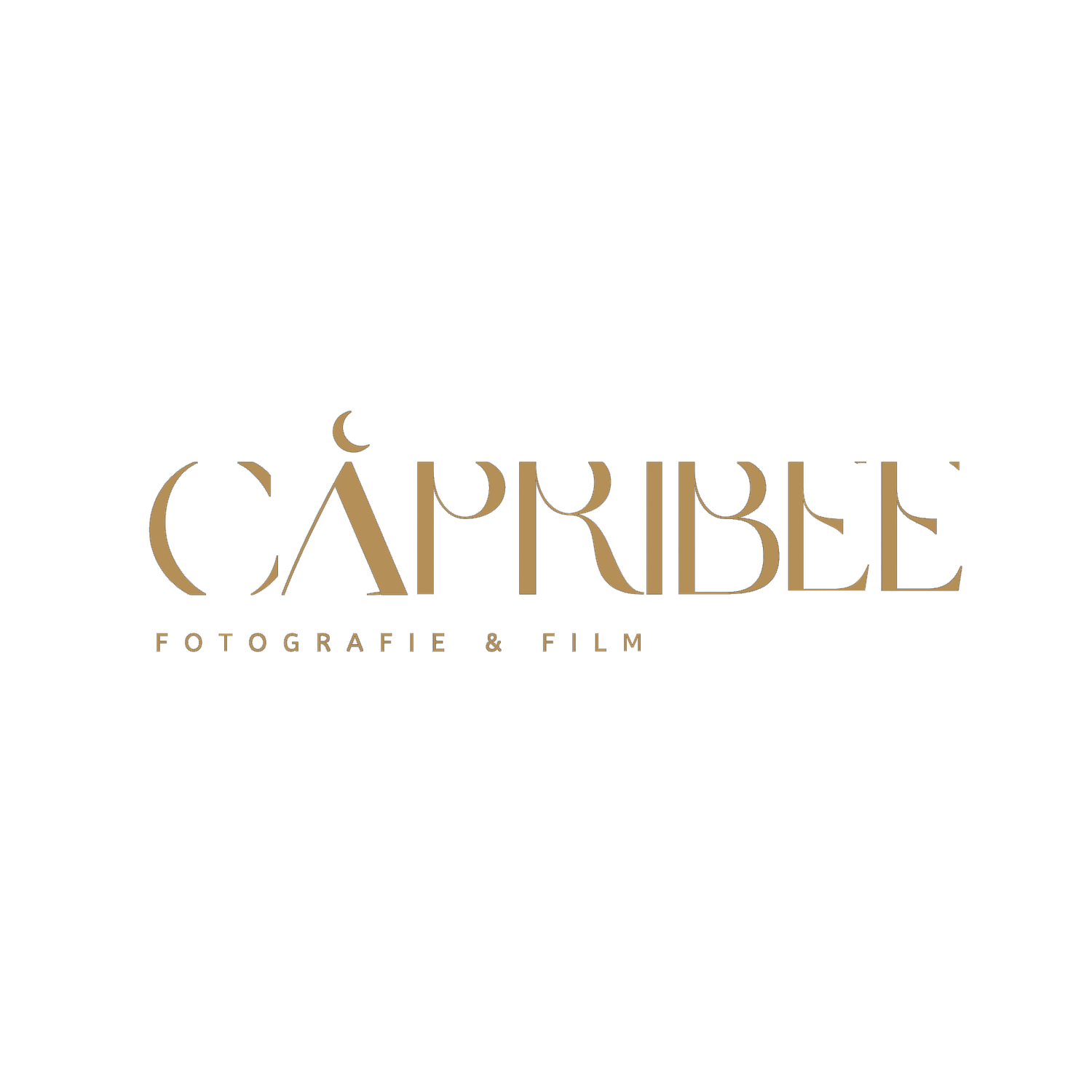 A minimalist brown and gold logo design for Capribee Photography featuring elegant text and a crescent moon symbol.