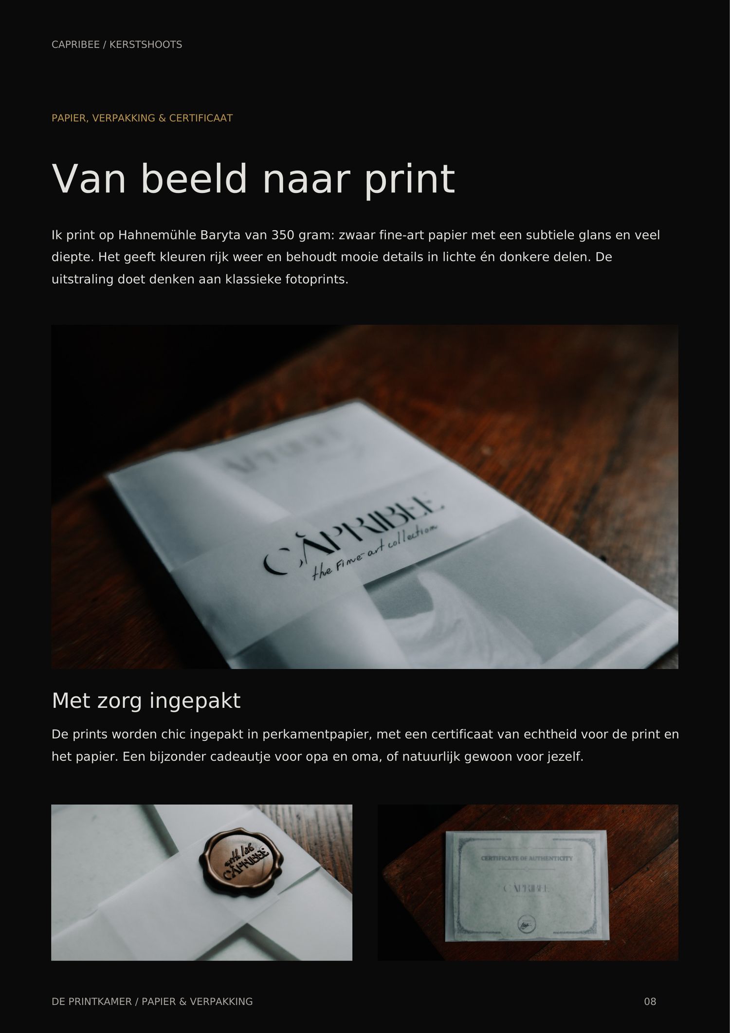 Fine-art print on Hahnemühle Baryta paper wrapped in parchment with a wax seal, beside a certificate of authenticity, from Capribee.