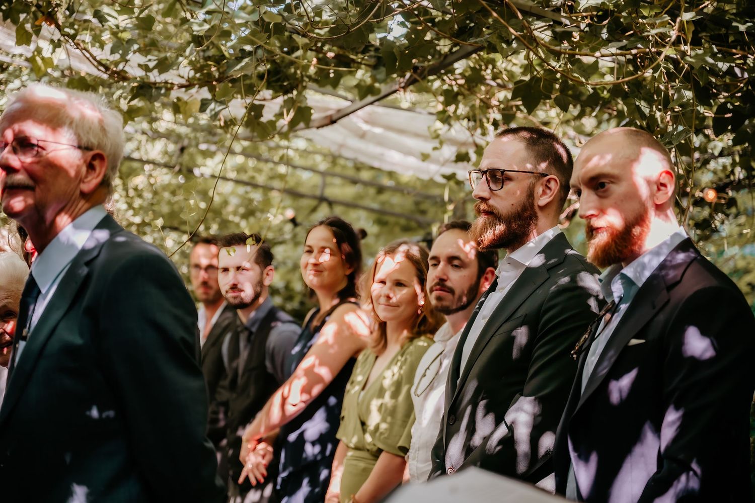 Wedding guests gather outdoors under dappled sunlight during a summer celebration.