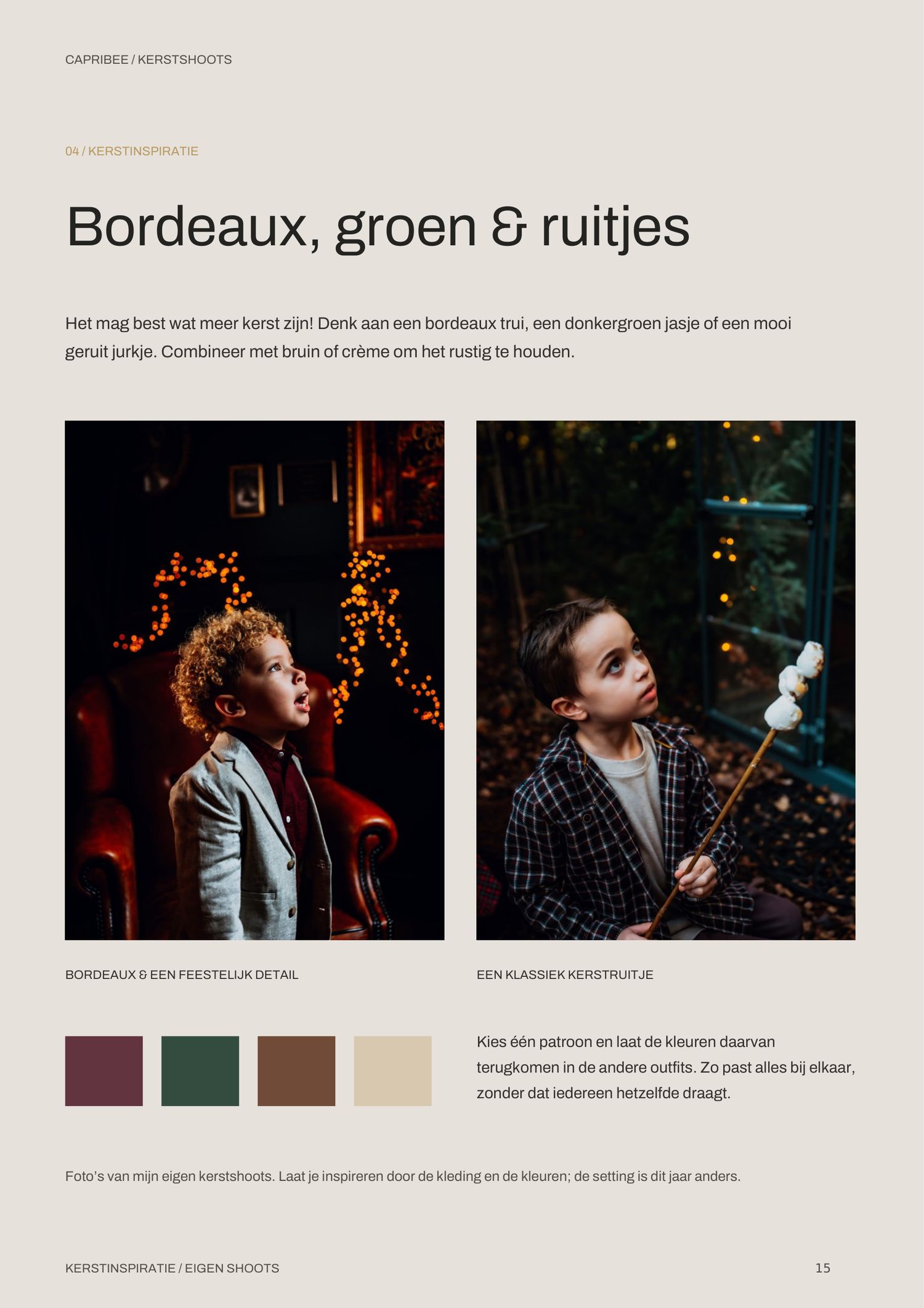 Kerstinspiratiepagina met twee kinderfoto's in bordeaux, groen en ruitjes, plus een kleurenpalet in bordeaux, groen, bruin en crème.