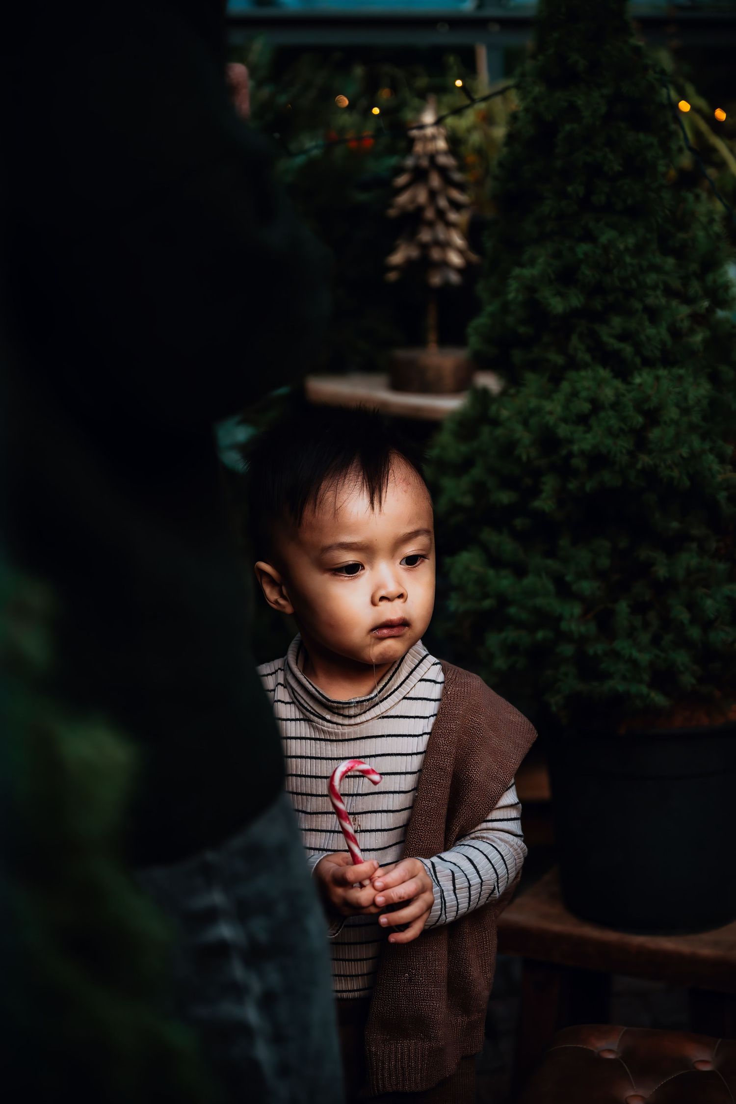 A small child in a striped shirt and brown vest stands thoughtfully in a dark garden setting.