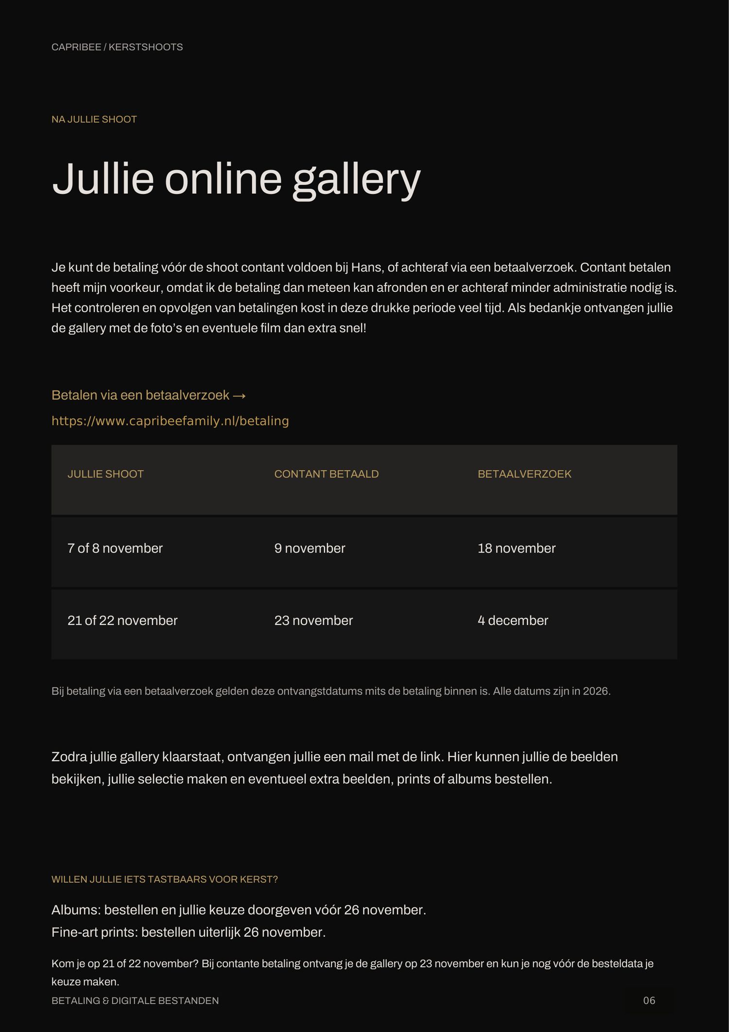 Dark Dutch web page titled Jullie online gallery with a payment schedule table for November shoots and gallery delivery details.
