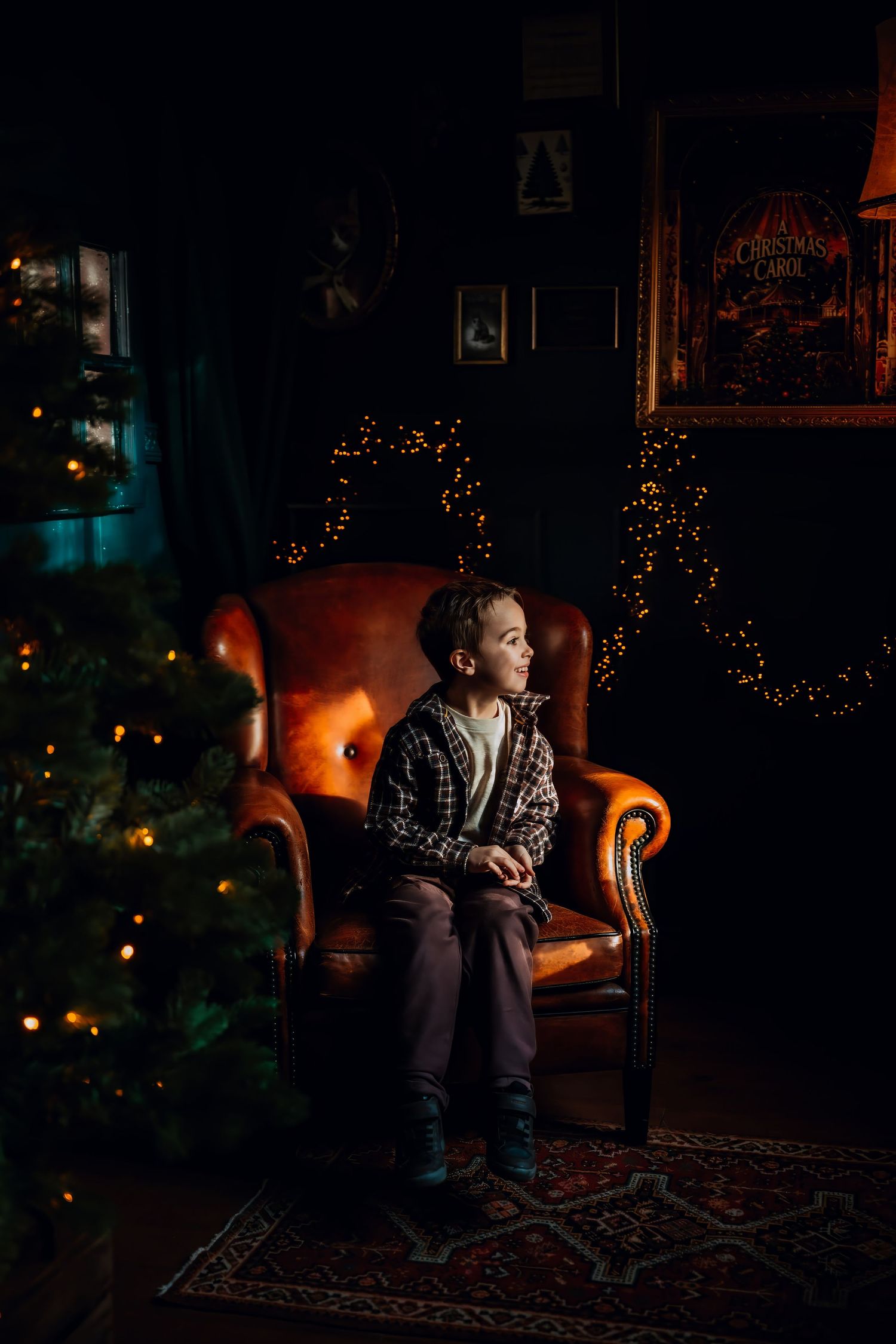 Person sits thoughtfully in a dimly lit room with Christmas decorations and warm ambient lighting creating a cozy atmosphere.
