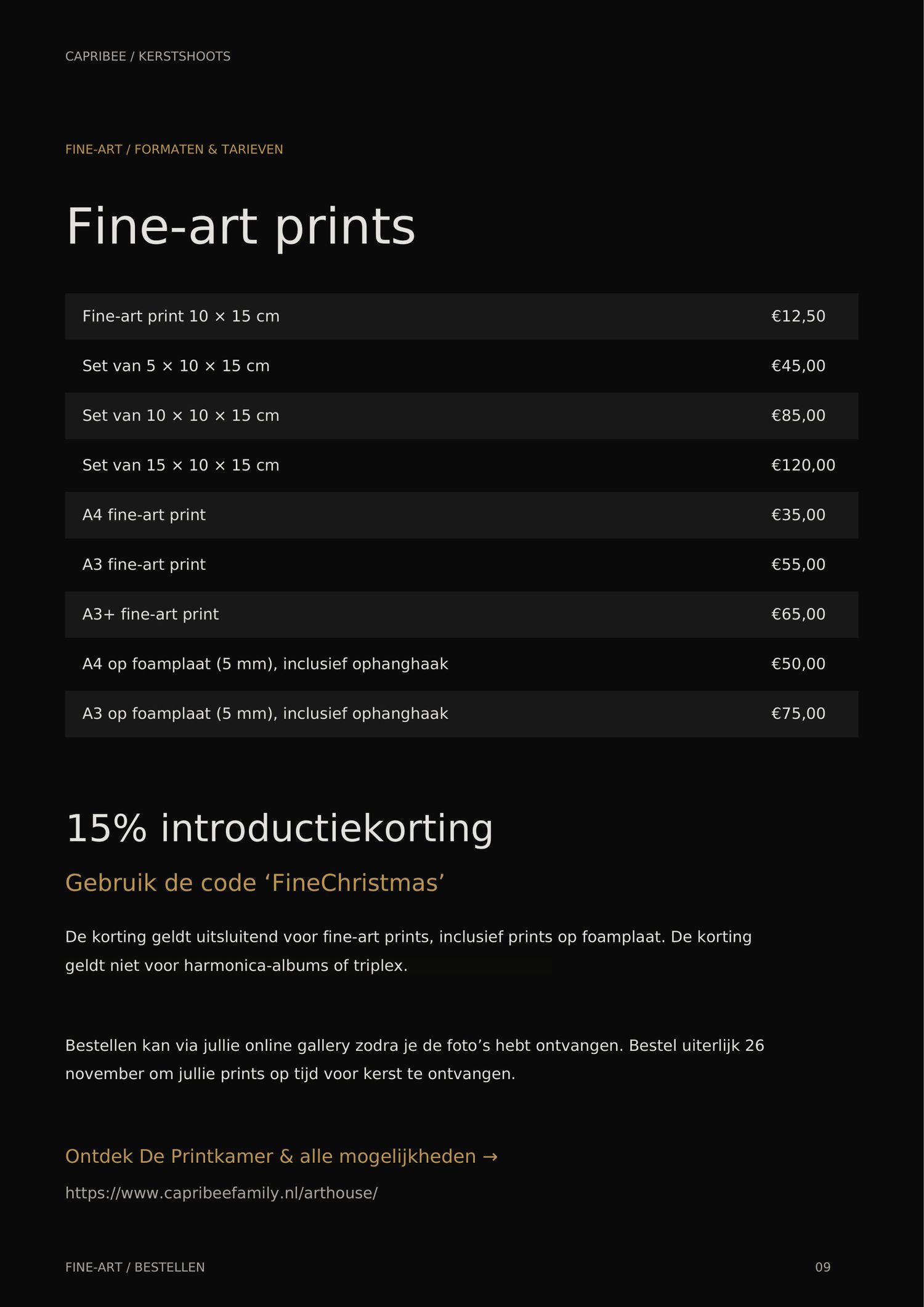 Dutch price list for fine-art prints and foam board mounts, with a 15% introductory discount using code FineChristmas.