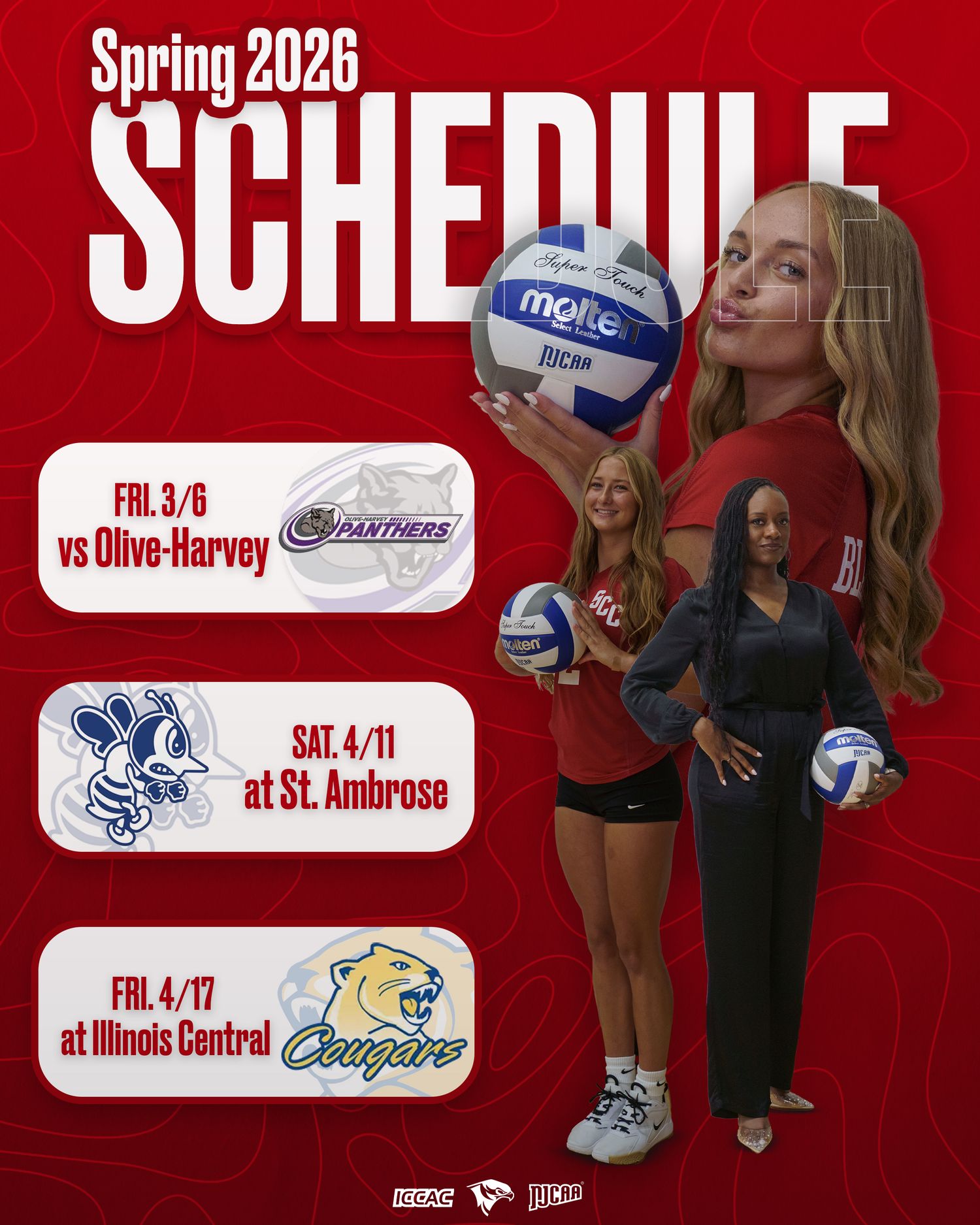 Spring 2026 volleyball schedule graphic showing three games: vs Olive-Harvey on 3/6, at St. Ambrose on 4/11, at Illinois Central on 4/17.