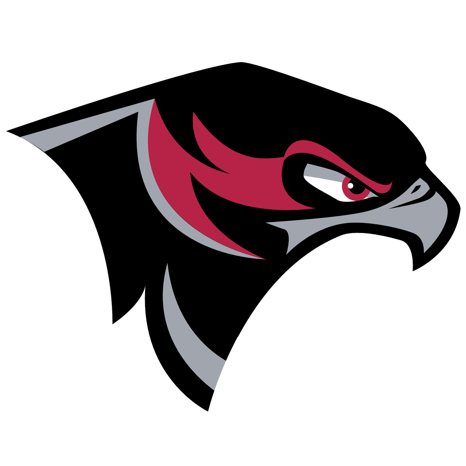 Black and red hawk mascot logo with sharp beak and fierce eye, ideal for sports teams.