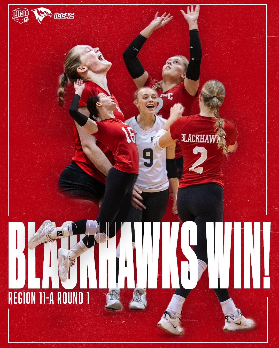 Blackhawks volleyball team celebrates Region 11-A Round 1 win, players in red uniforms jumping and spiking on a bold red background.