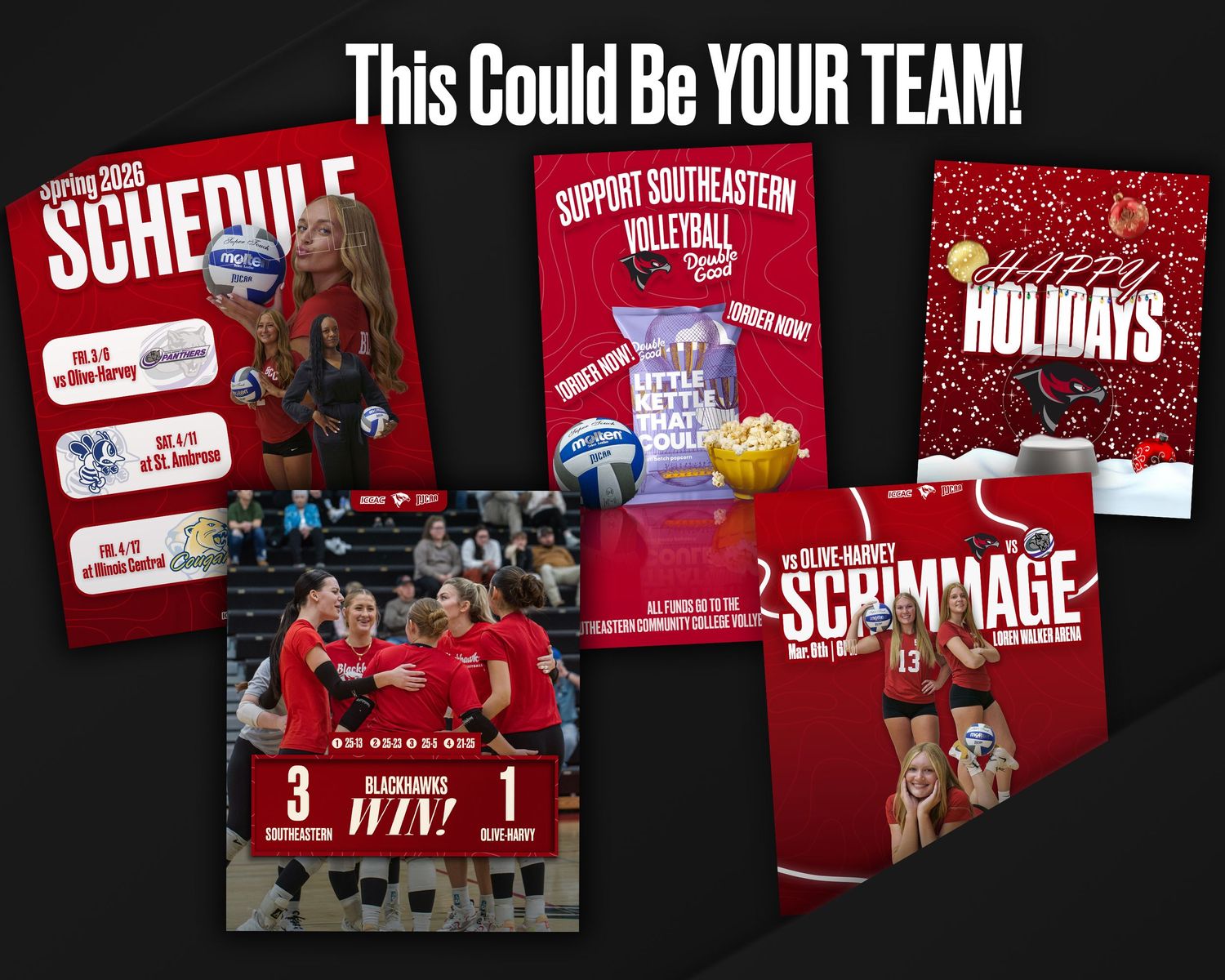 Collage of Southeastern volleyball team promotional graphics including schedule, holiday greeting, scrimmage, and win announcement posters.