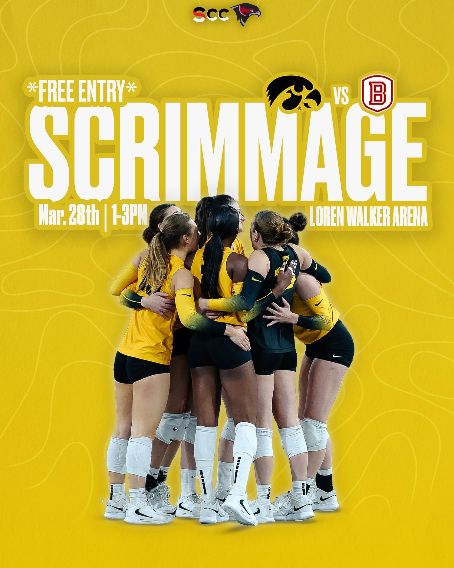 Iowa Hawkeyes volleyball team huddles together promoting a free scrimmage vs. Bradley on Mar. 28th, 1-3PM at Loren Walker Arena.
