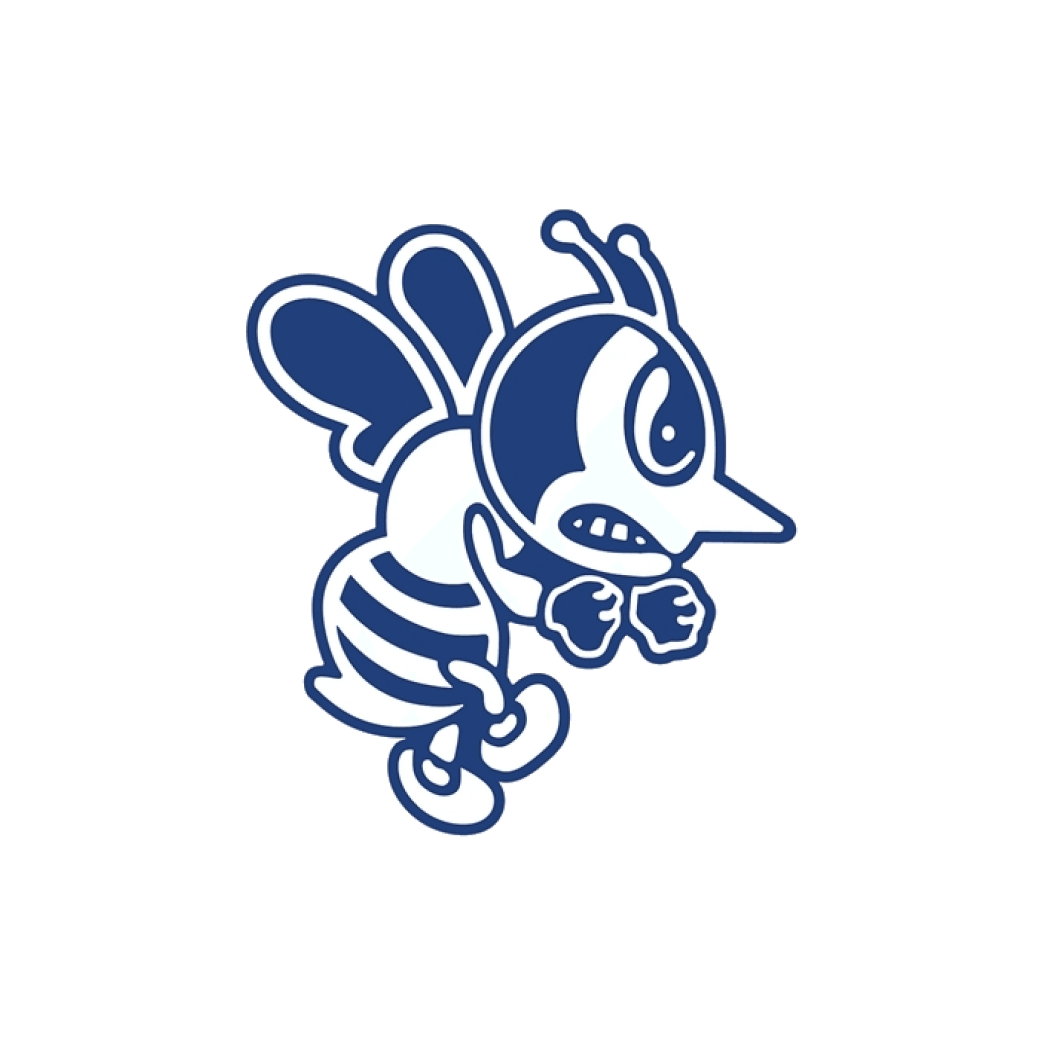 A cartoon blue and white bumble bee mascot illustration in a dynamic flying pose with a fierce expression.