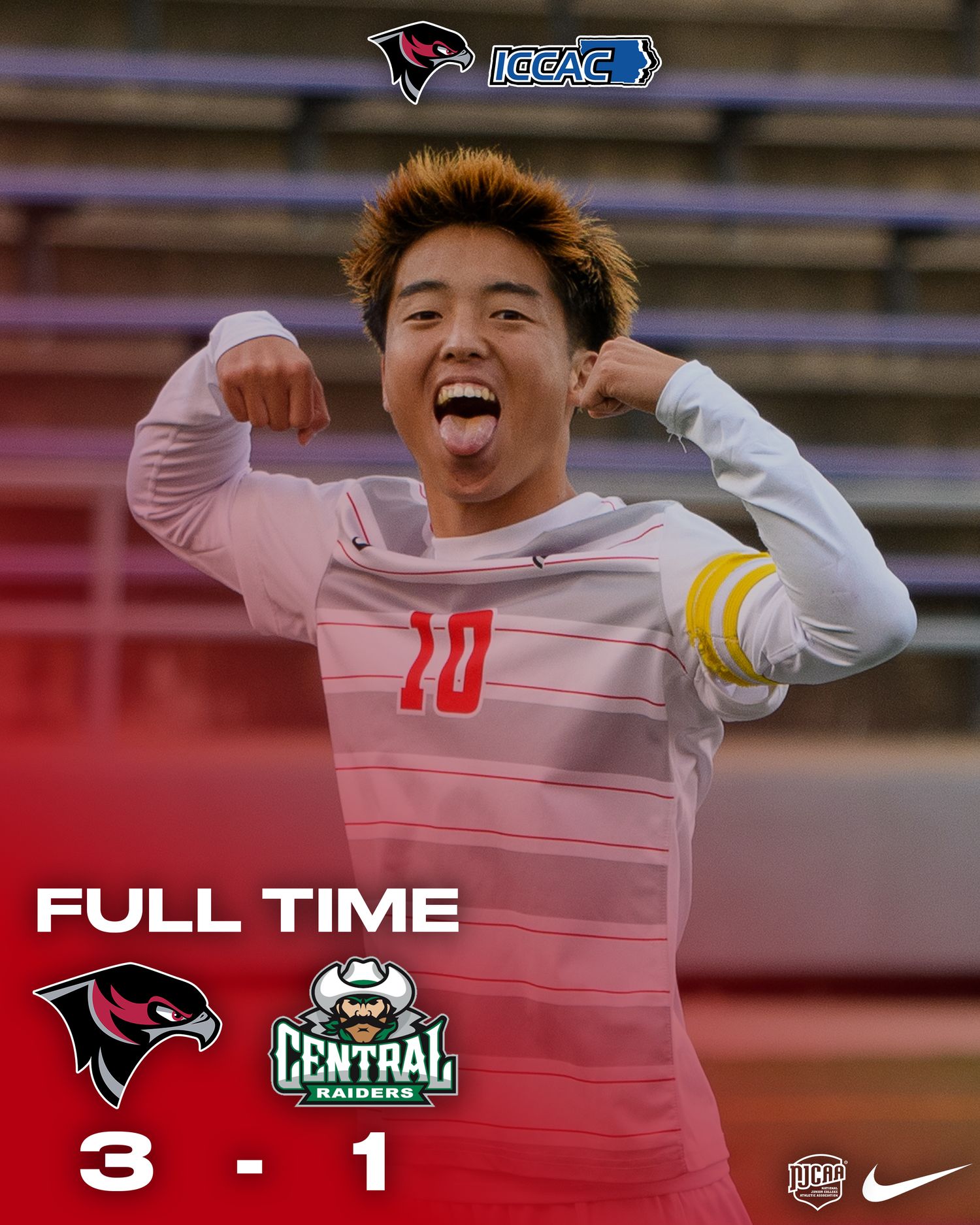 Soccer player #10 celebrates a 3-1 full time victory over Central Raiders in an ICCAC match.