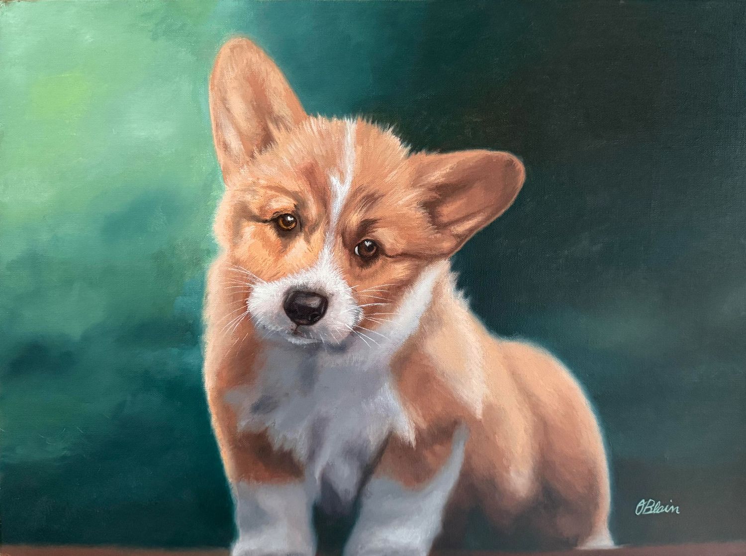 Luna — oil painting of a tan and white corgi puppy by Olivia Blain