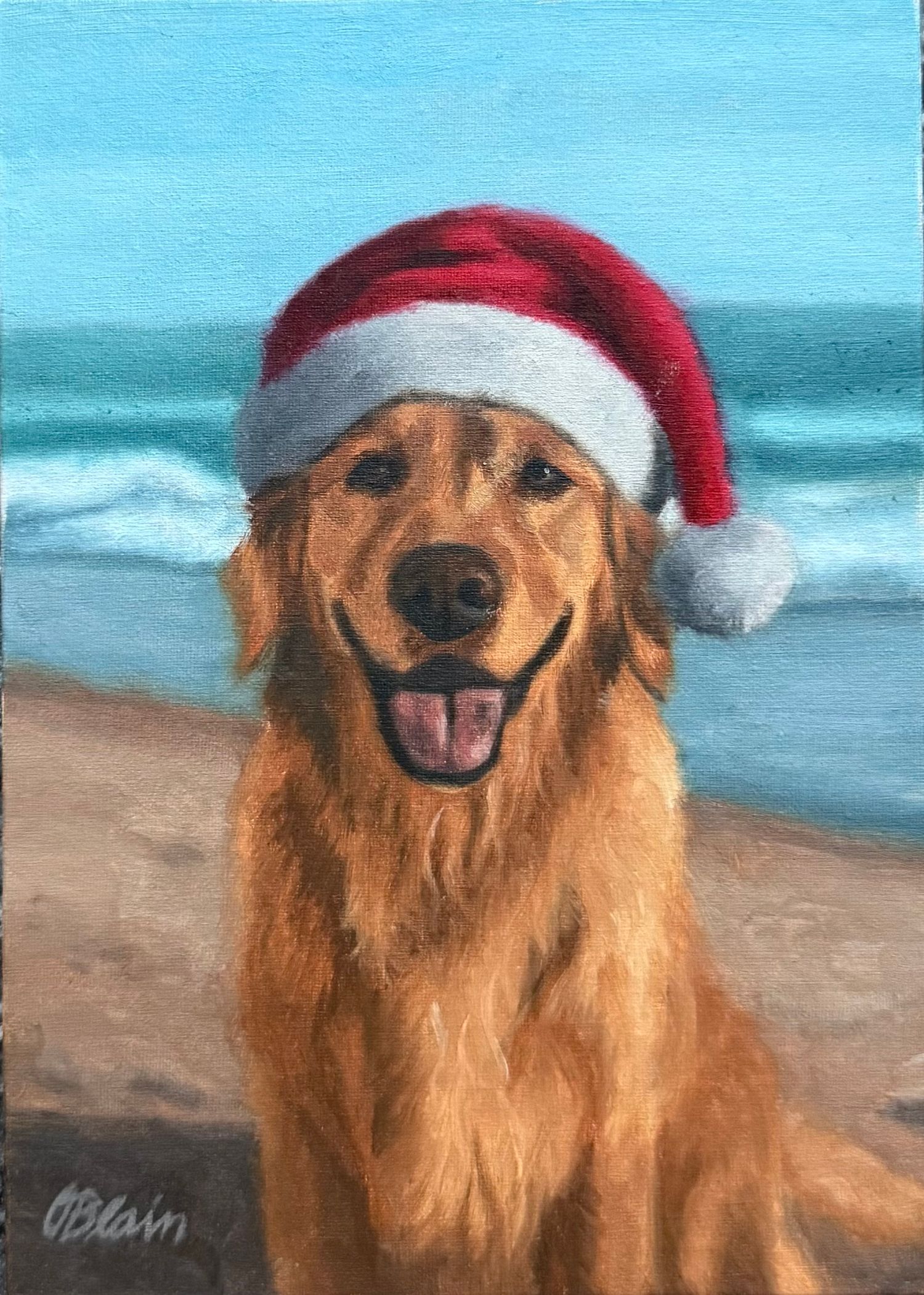 Coastal Christmas — oil painting of a golden retriever wearing a Santa hat by pet portrait artist Olivia Blain