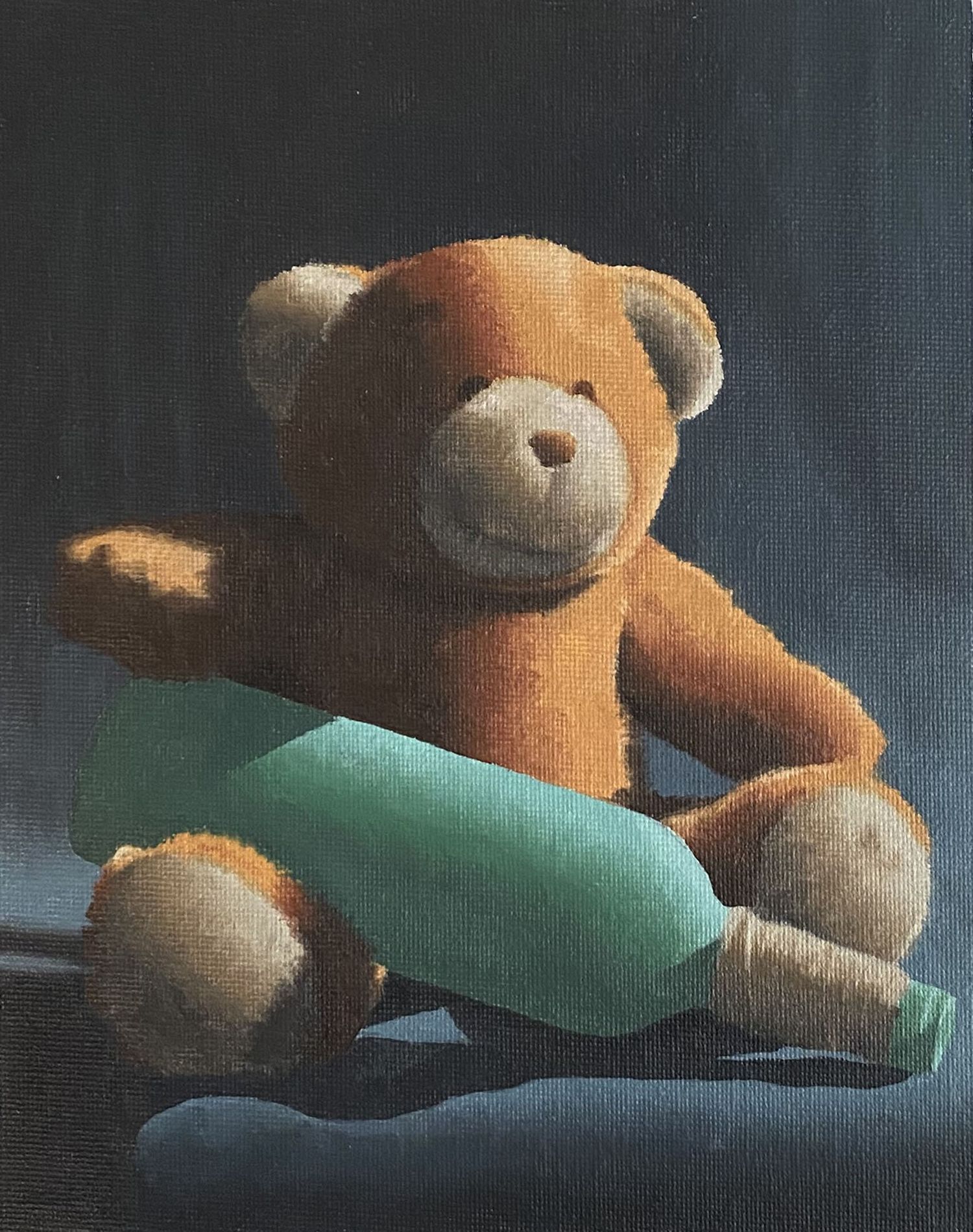 Oil painting still life featuring a teddy bear and blue bottle