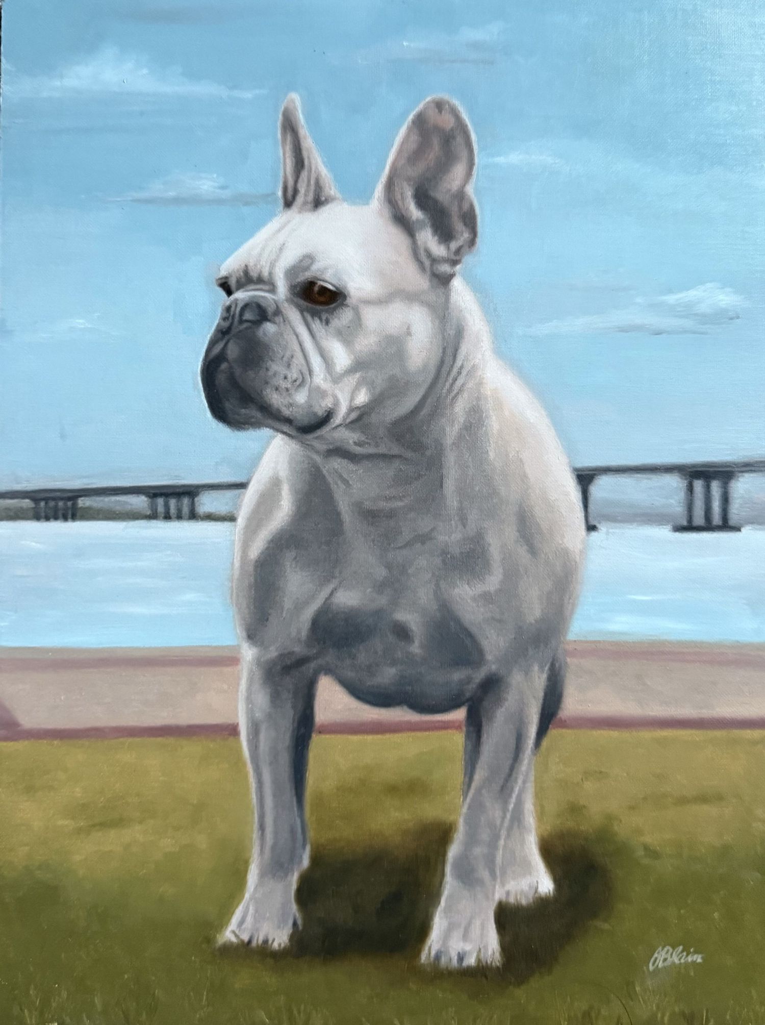 Pearl — oil painting of a white French bulldog on a waterfront lawn with a bridge behind, by Wilmington NC artist Olivia Blain