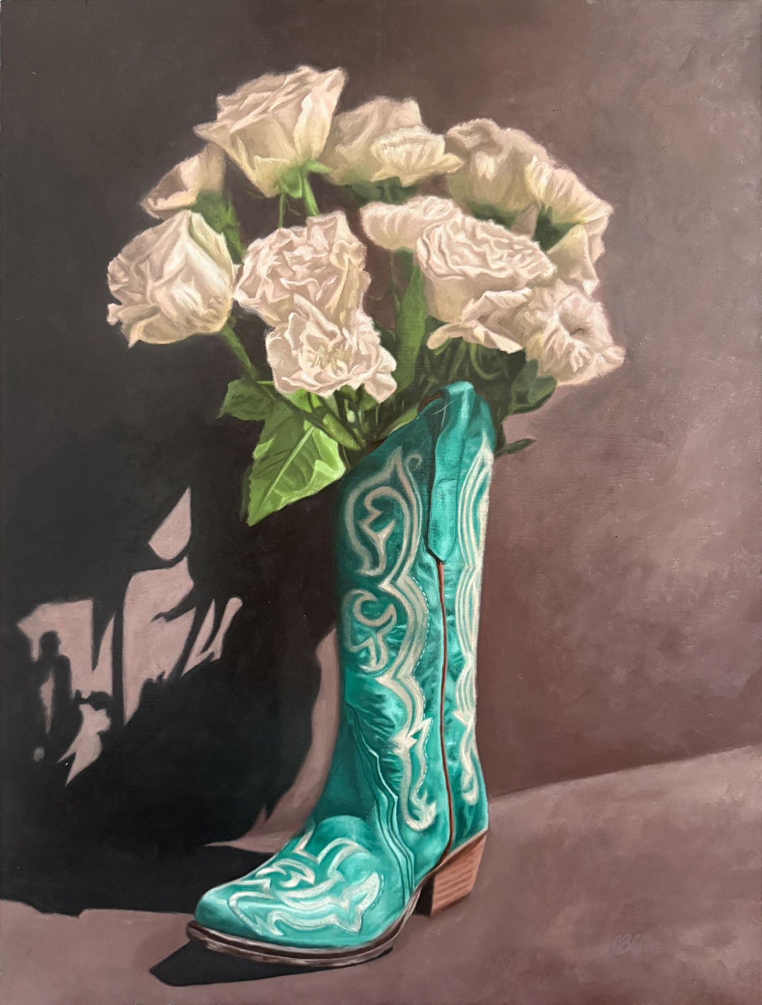 Rosa Mystica — original oil still life of white roses in a turquoise cowboy boot by Olivia Blain