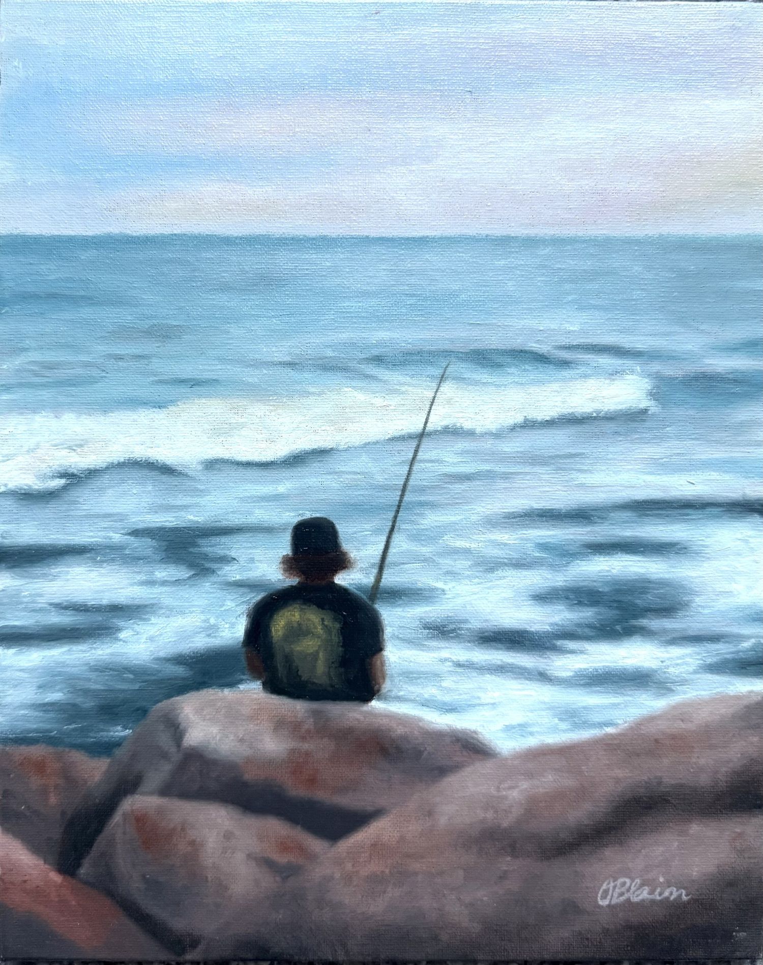 Cast to the Sea — coastal oil painting of a boy fishing in the surf at Fort Fisher, NC by Olivia Blain