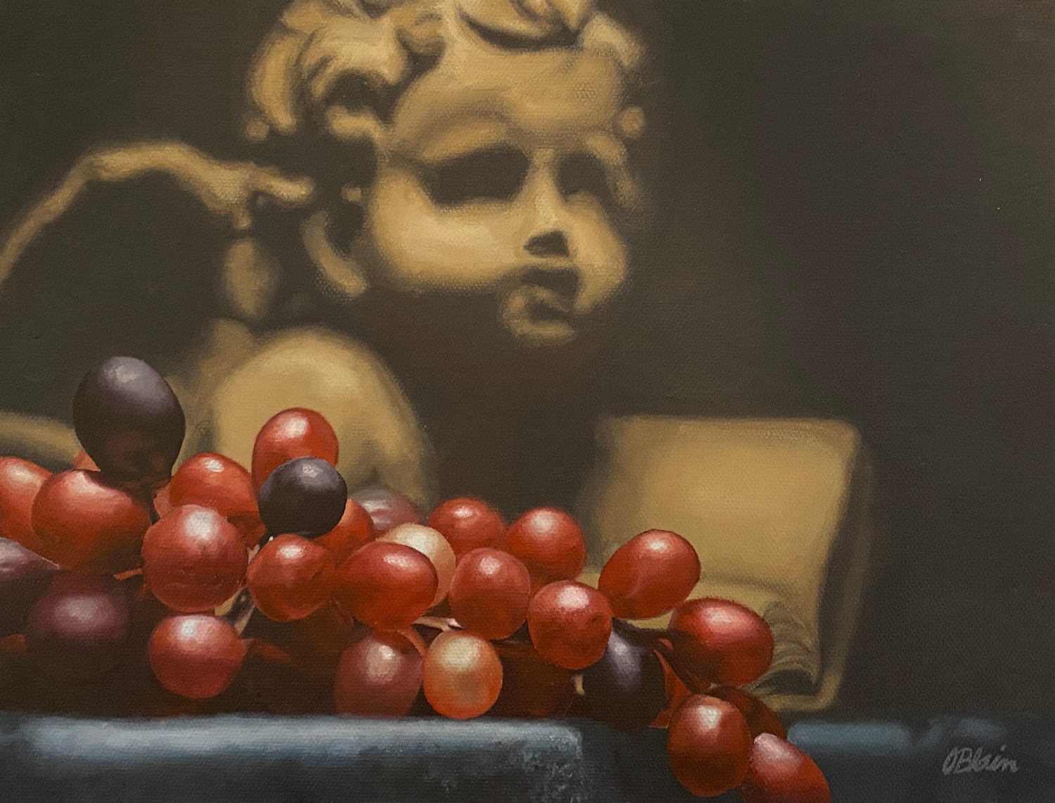 Still Life #7 — oil painting of red grapes with a cherub statue by Olivia Blain