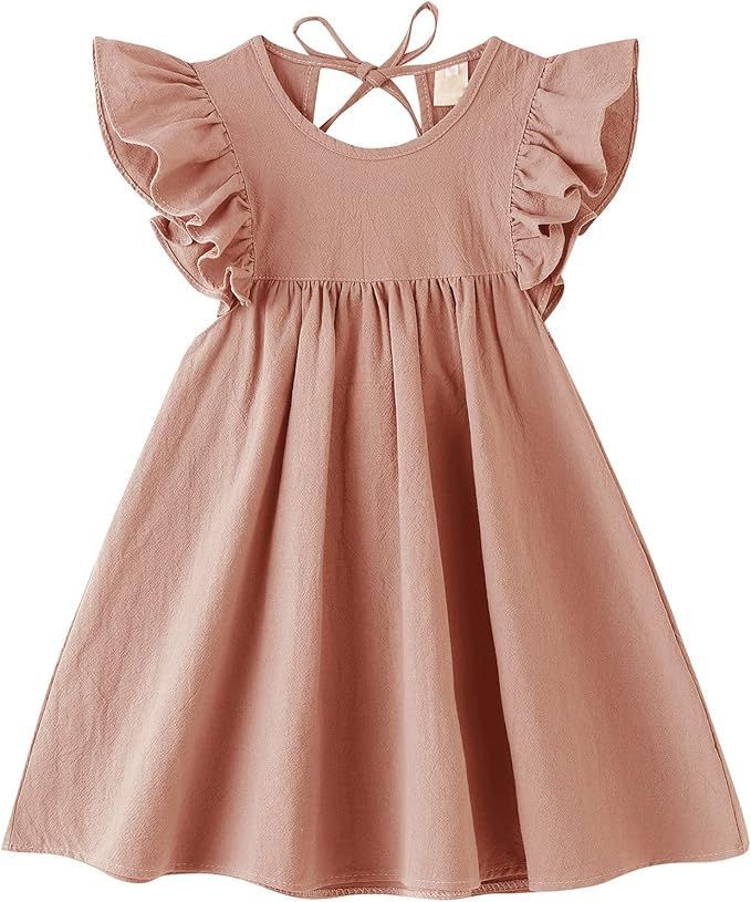 Baby girl's dusty pink ruffle sleeve dress with tie detail.