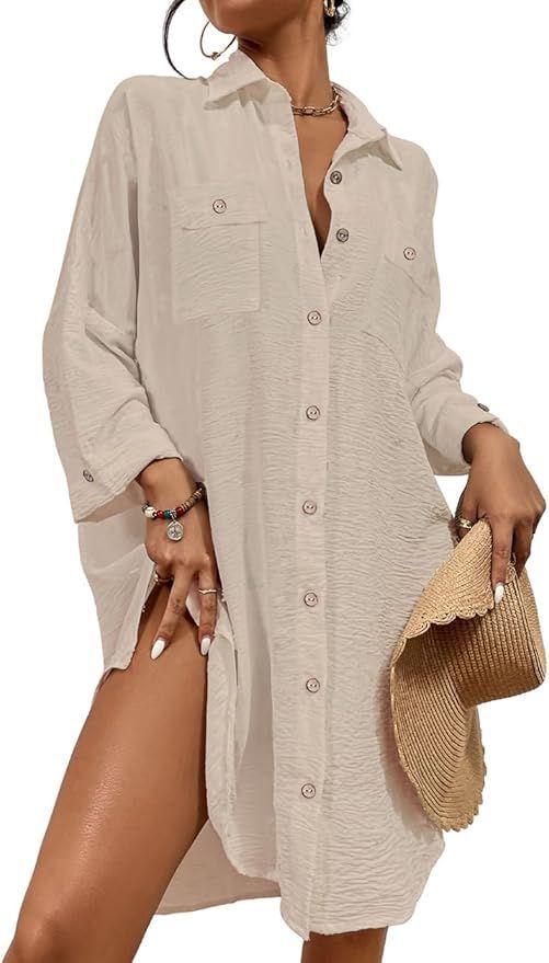 Oversized beige linen button-down shirt dress shown in multiple views.