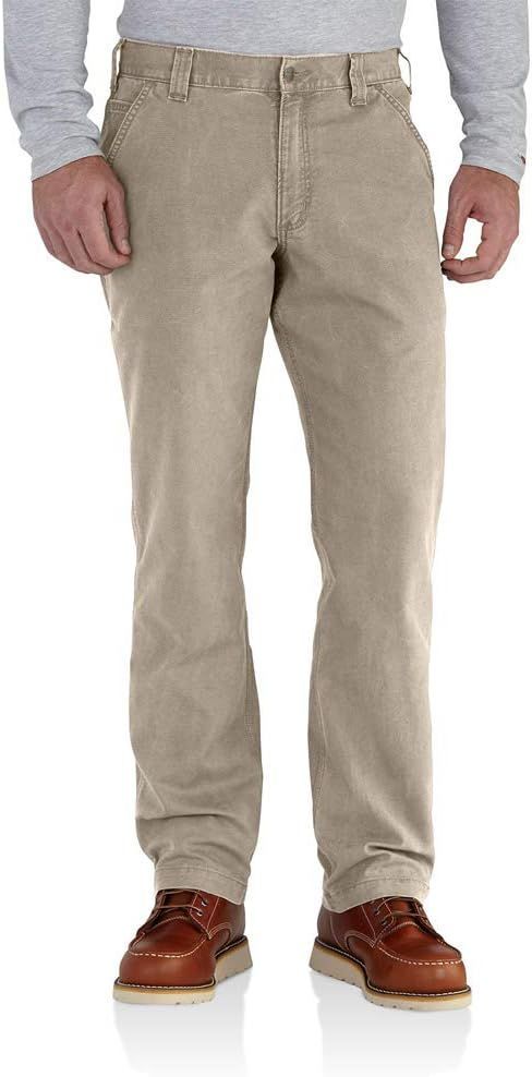Khaki casual pants shown with brown work boots from multiple angles.