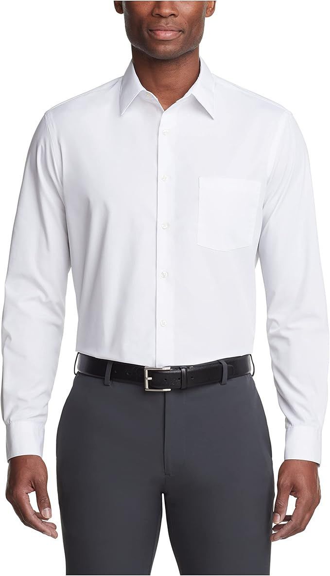 Crisp white dress shirt with classic collar and chest pocket on display.
