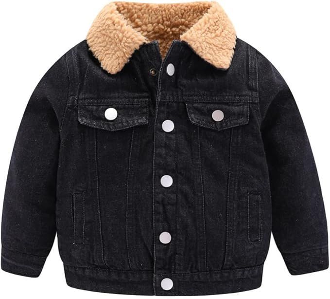 Black denim jacket with sherpa collar for kids shown in multiple angles.