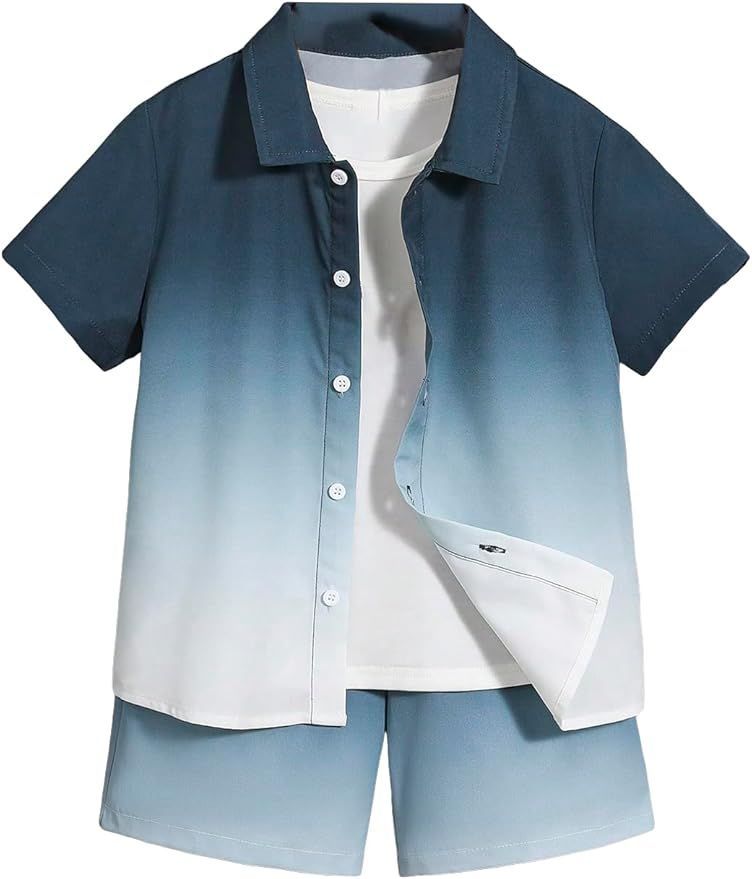 Navy to white ombre button-down shirt and shorts set for children.