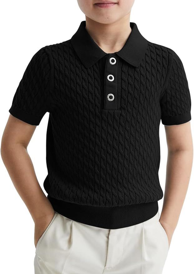 Black textured polo shirt with white buttons displayed in various cropped views.