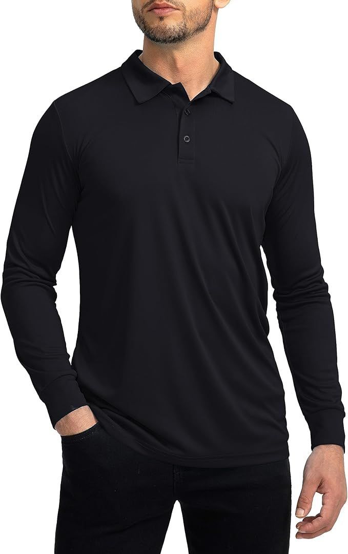 Long sleeve black polo shirt displayed from various angles showing classic design.