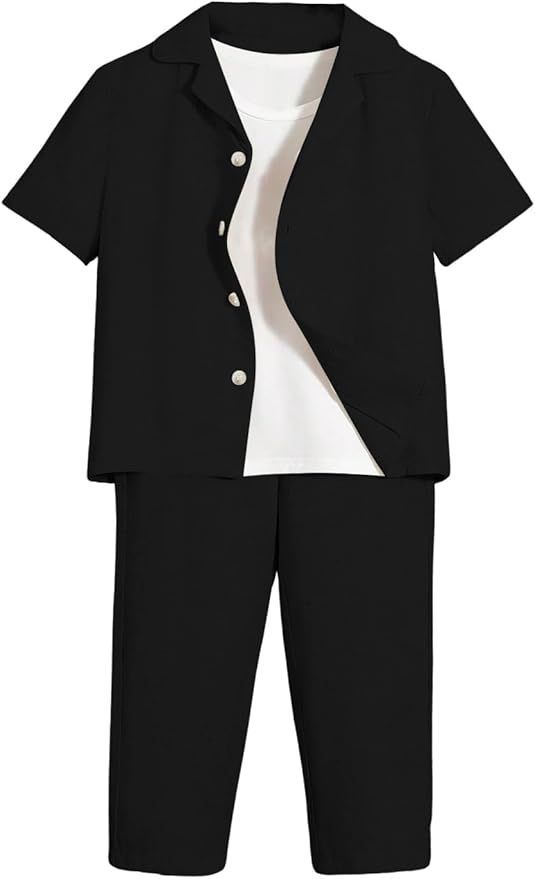 Two-piece black loungewear set with short sleeve button-up top and cropped pants.