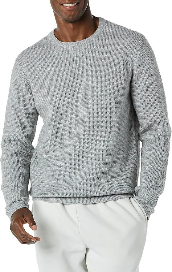Men's gray textured crewneck sweater with ribbed trim details.