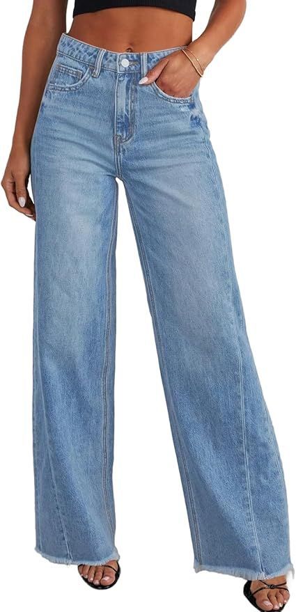 High-waisted light wash wide-leg jeans with classic five-pocket styling.