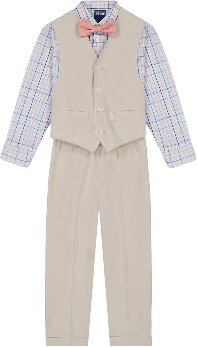 Boys formal set with plaid shirt, beige vest, pink bow tie and matching pants.