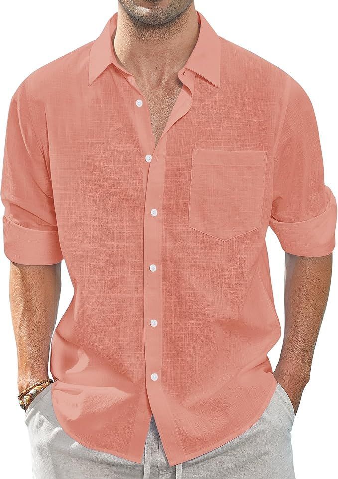 Coral pink linen button-down shirt with short sleeves shown against white background.