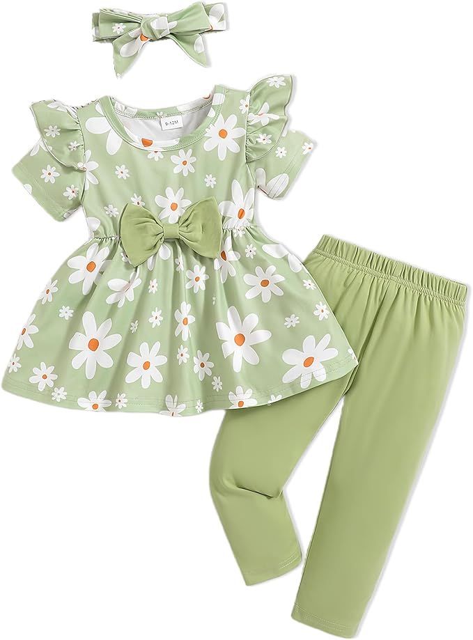 Baby girl's floral print dress and leggings set in sage green with daisy pattern.