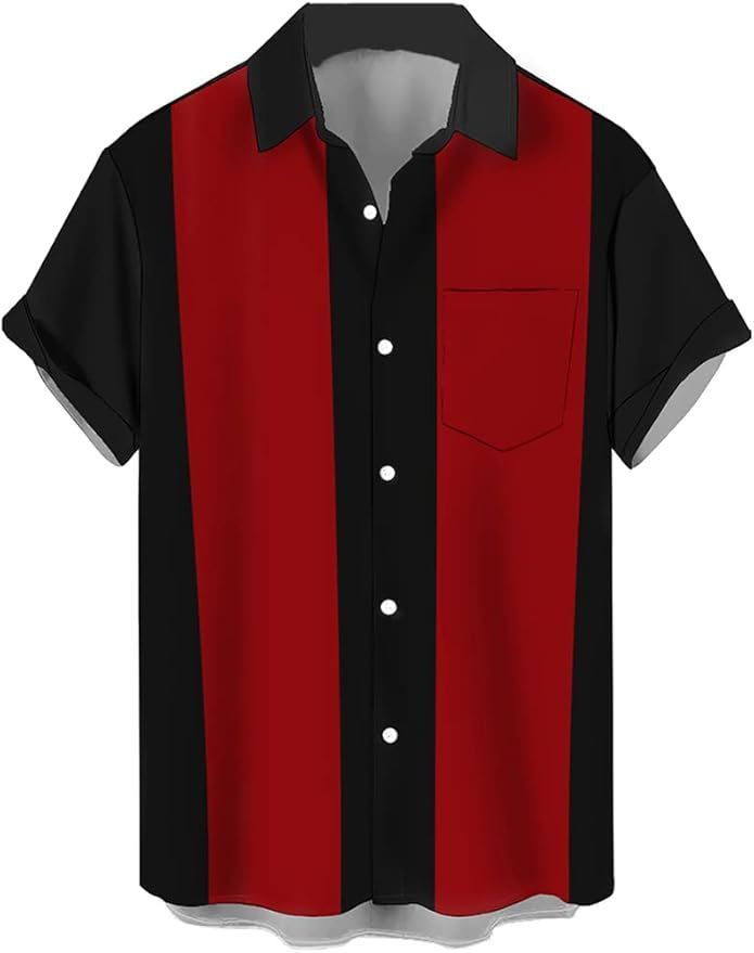 Men's retro bowling style shirt with red and black vertical stripes and button-down design.