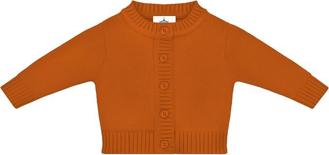 Orange knit baby cardigan sweater with button front closure.