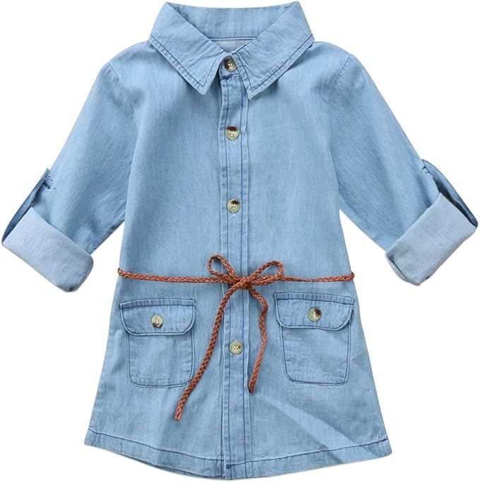 Light blue denim shirt dress for girls with roll-up sleeves and brown braided belt.