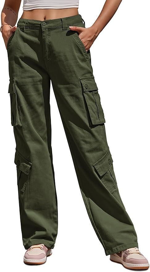 Olive green cargo pants with multiple pockets shown from different angles.