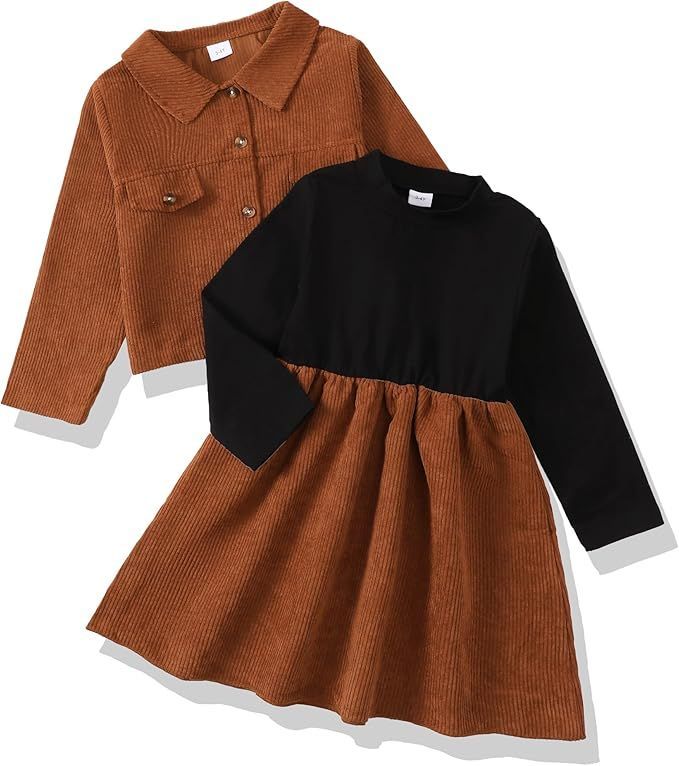 Brown corduroy jacket and black dress combo set for children's fashion.
