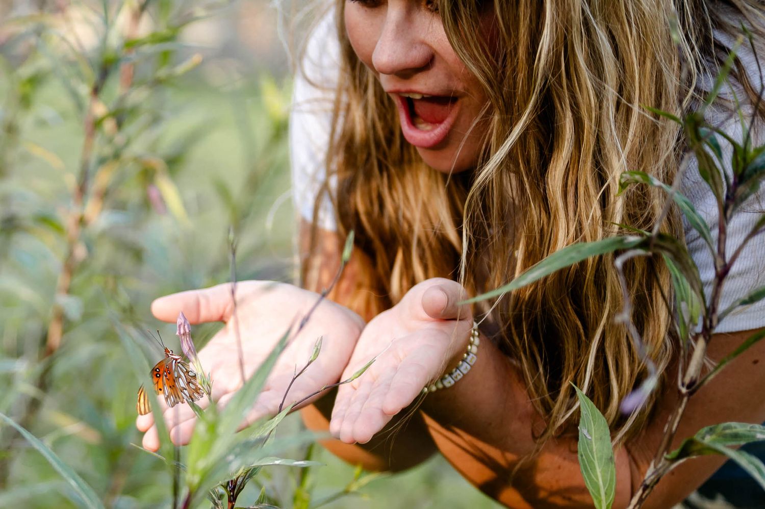A photo showing a monarch butterfly landing and perching on a hand in a garden setting at a spring mini session in jacksonville, fl.