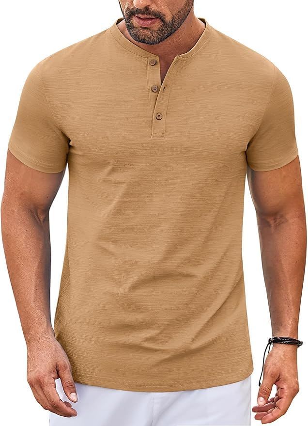 Tan henley shirt shown in multiple product views on white background.