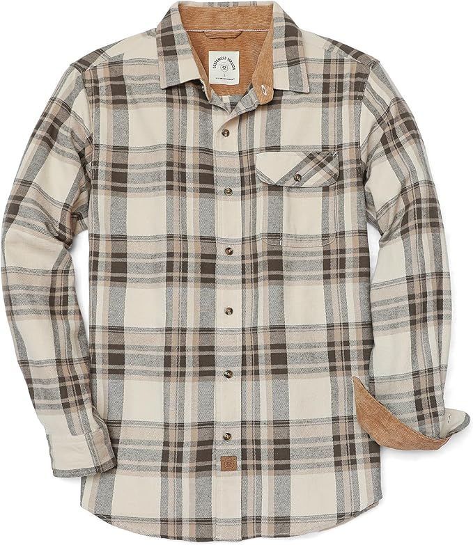 Neutral plaid button-down flannel shirt jacket with corduroy collar trim.