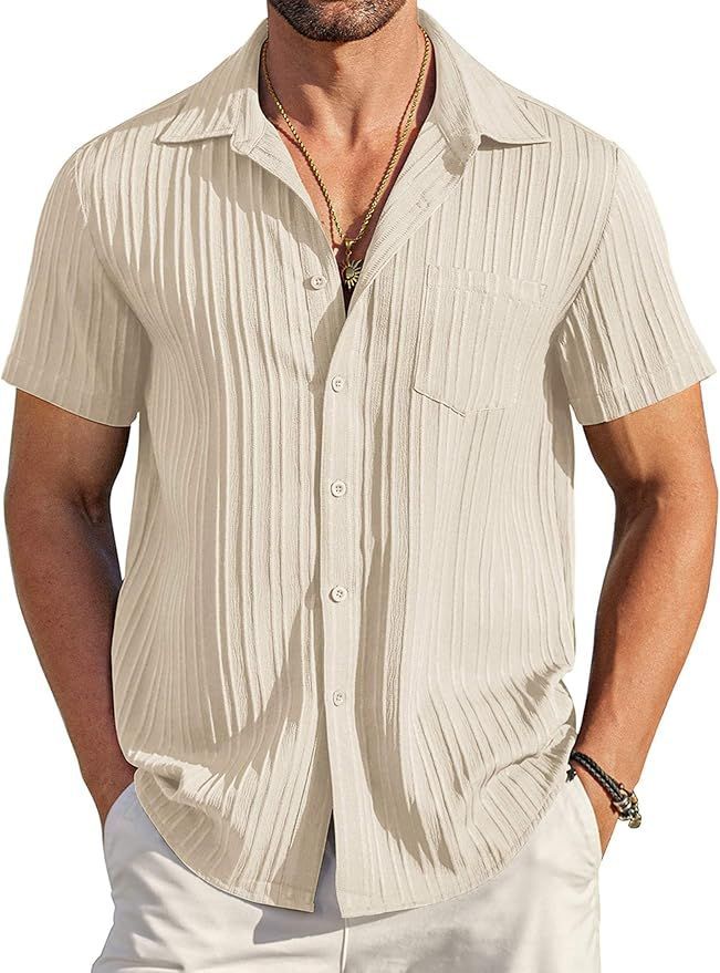 Men's white pleated short-sleeve shirt displayed from various angles.