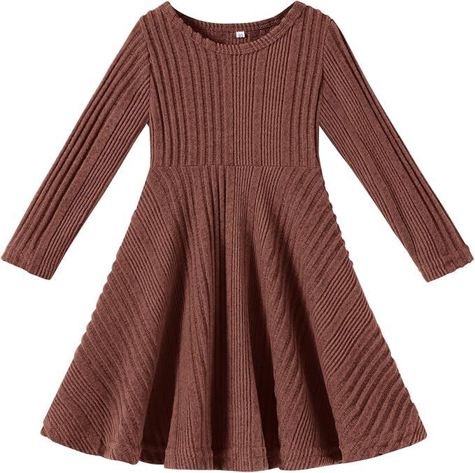 Brown ribbed knit dress with long sleeves and flared skirt design.