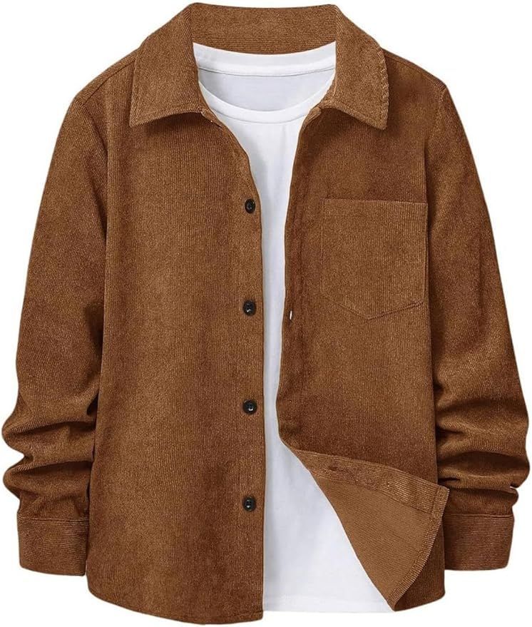 Brown corduroy button-up shirt jacket with front pocket over white t-shirt.